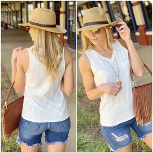 Infinity Raine Tops - Ivory Sleeveless V-Neck Pocket Tee Infinity Raine Tops - Ivory Sleeveless V-Neck Pocket Tee